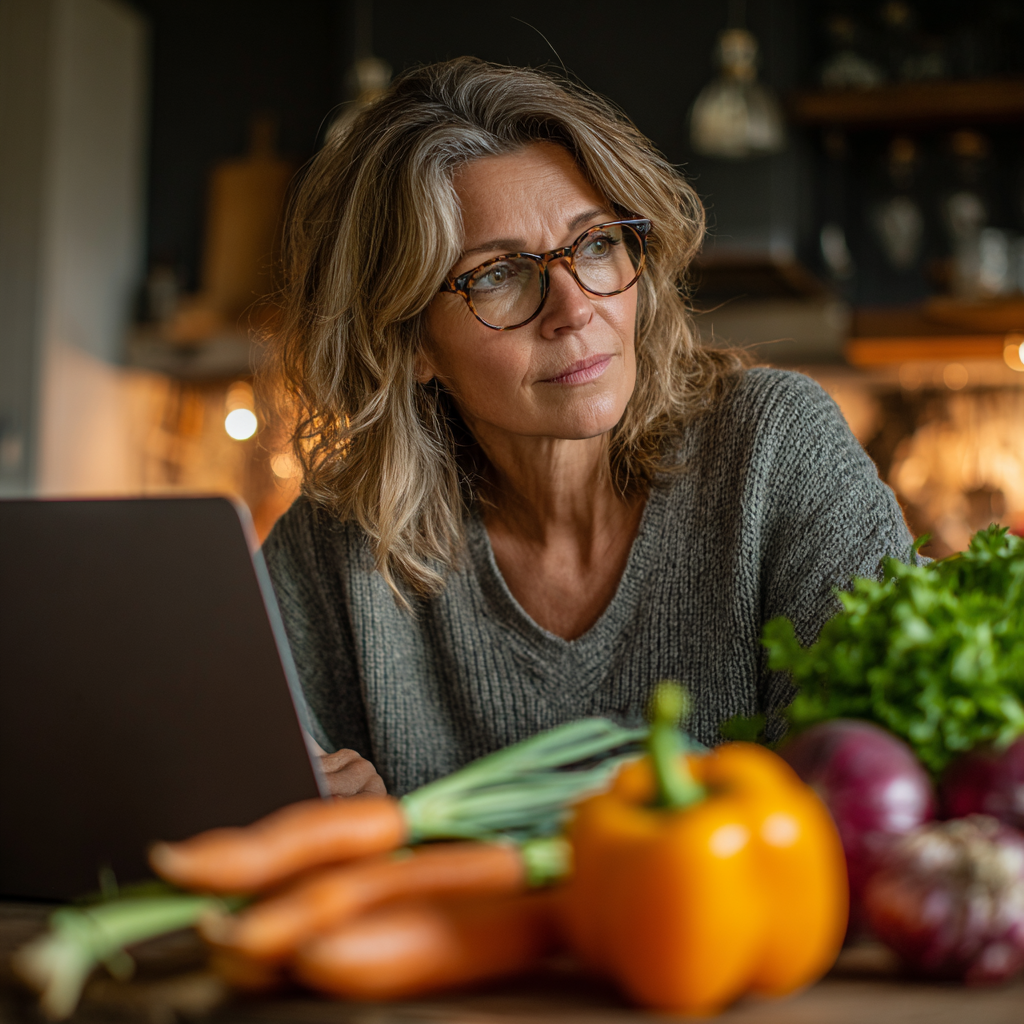 Жінка 52 років з окулярами планує меню за столом з ноутбуком та свіжими продуктами
