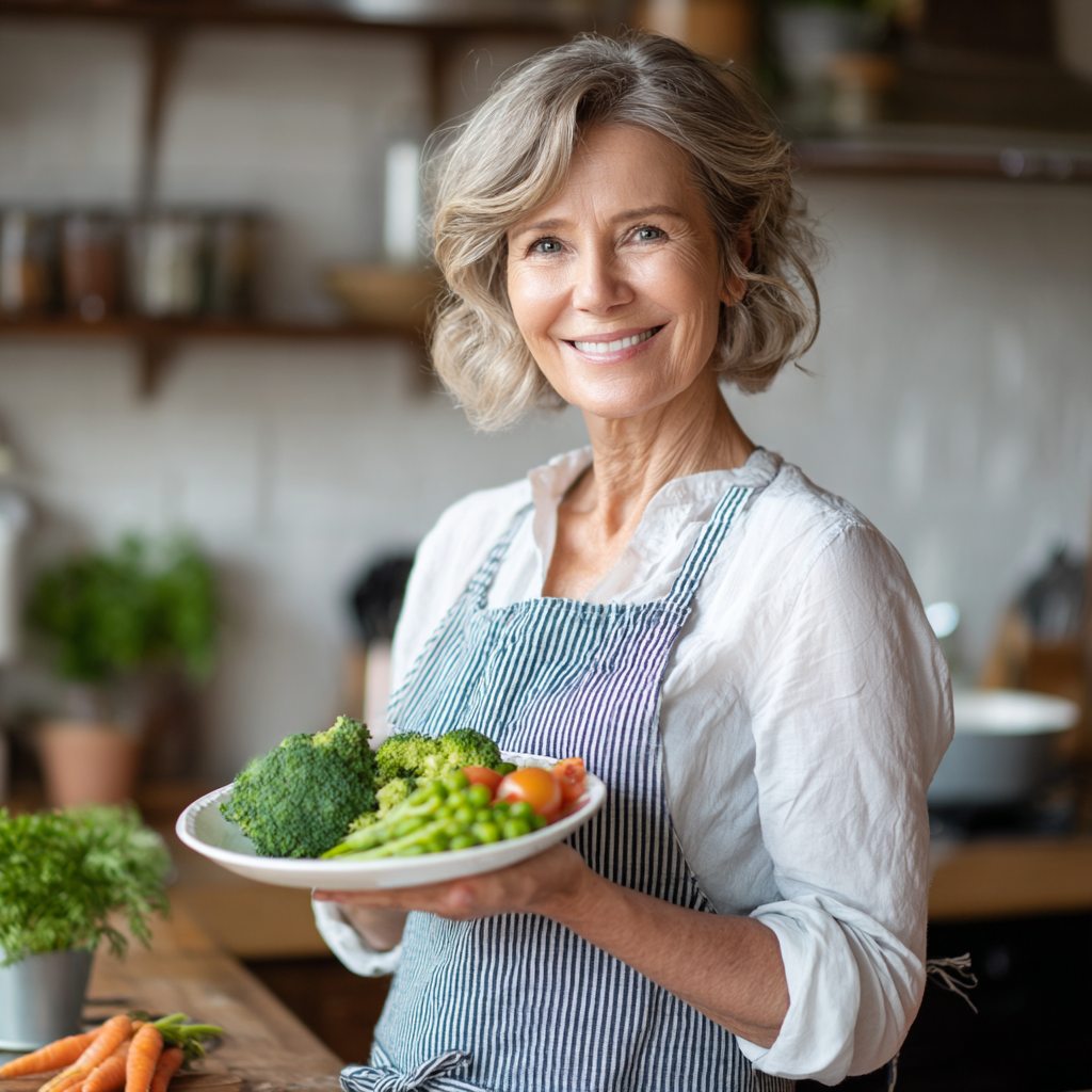 Усміхнена жінка 55 років тримає тарілку зі здоровою їжею на кухні